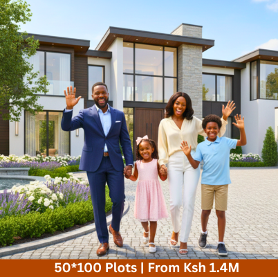 Mhasibu Housing Plots for Sale in Kitengela, Acacia. A happy family in front of their luxurious home.