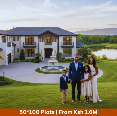 A happy family in from of their luxurious home. Buy a plot in Berverly Gardens Phase 3 and build your dream home for Mhasibu Housing 50*100 plots for sale at Ksh 1.6M in Kitengela