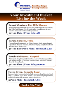Mhasibu Housing Investment opportunities in Thika, Kisumu, Nanyuki, and along Kenyatta Road.